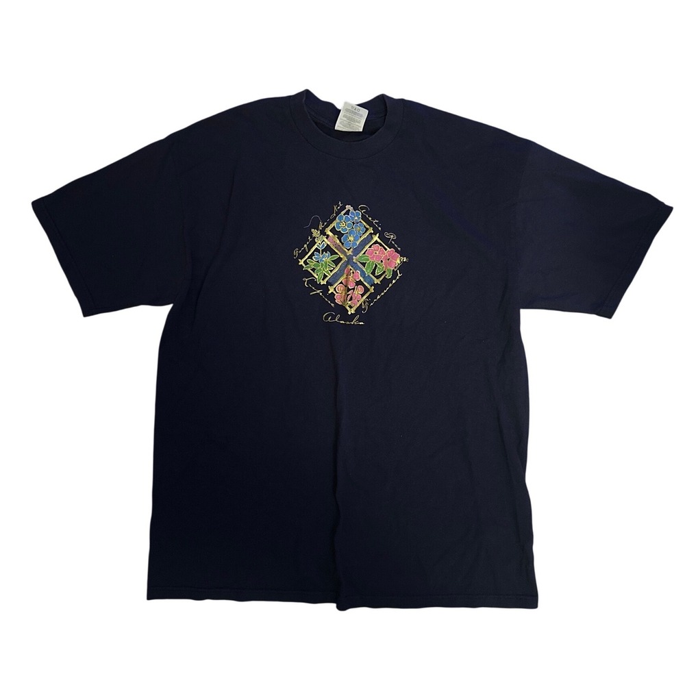Jerzees Alaska Wildflower Graphic T-Shirt Navy Blue Heavyweight Cotton Large